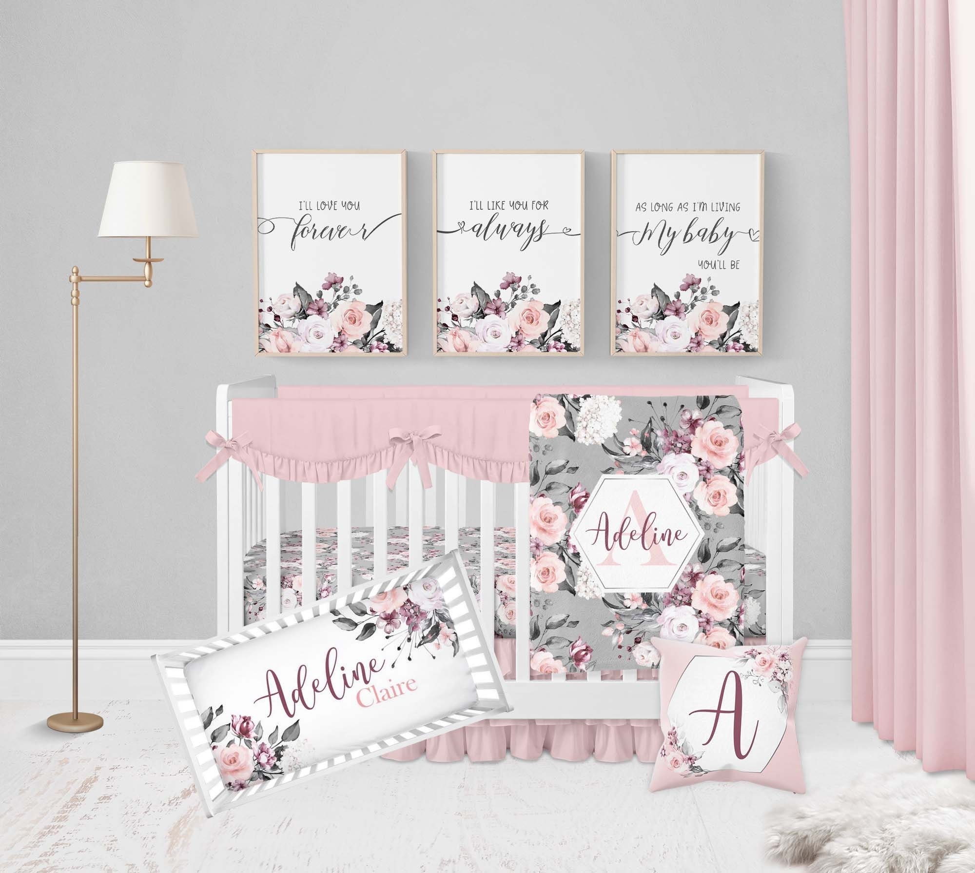 Baby Girl Crib Bedding Set, Floral Crib Bedding, Personalized Crib Sheets Girl, Rose Floral Nursery, Girl Nursery Bedding, Pink, Grey, Mauve