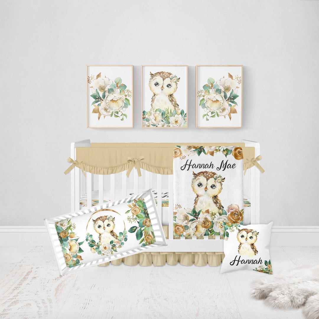 Owl Crib Bedding Set, Floral Girl Crib Bedding, Woodland Nursery