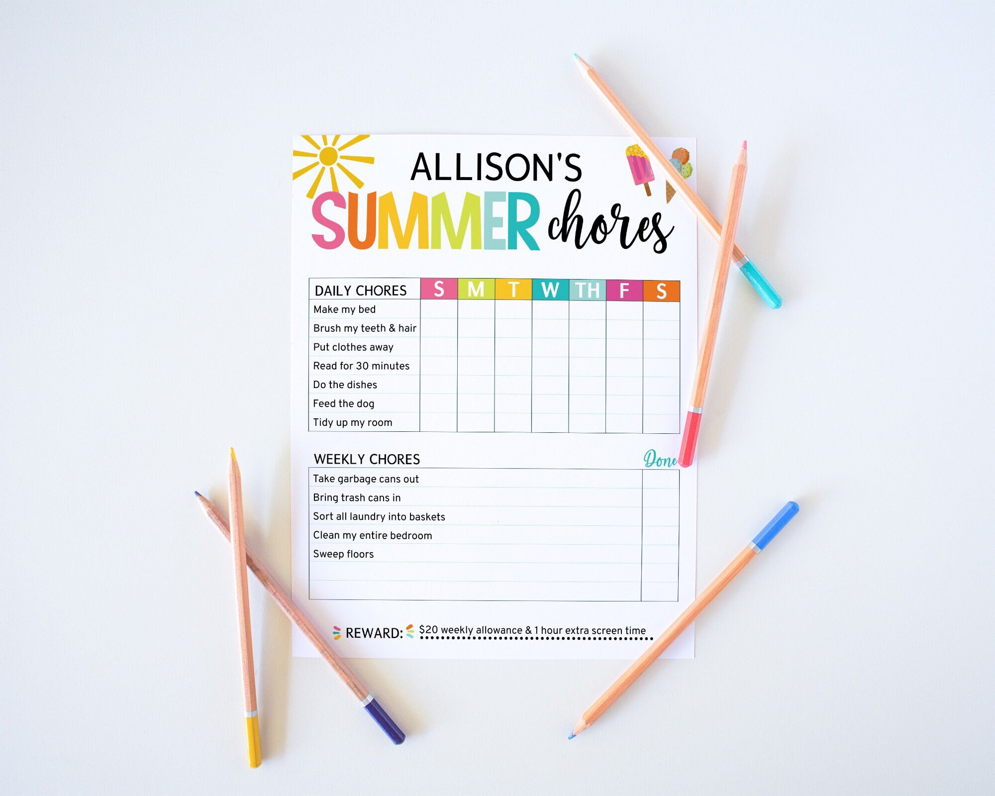 Editable Summer Chore Chart for Kids, Kids Chore Chart Printable, Daily ...