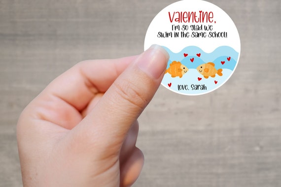 Goldfish Valentine's Day Favor Stickers, Kids Valentines For School, Kid Valentines Party Fish Treat Bag Labels, Goldfish Valentine Stickers