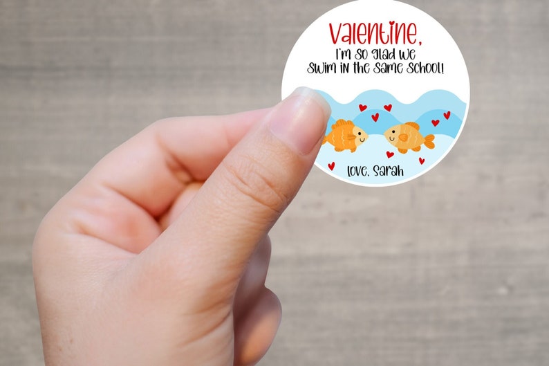 Goldfish Valentine's Day Favor Stickers, Kids Valentines For School, Kid Valentines Party Fish Treat Bag Labels, Goldfish Valentine Stickers image 1