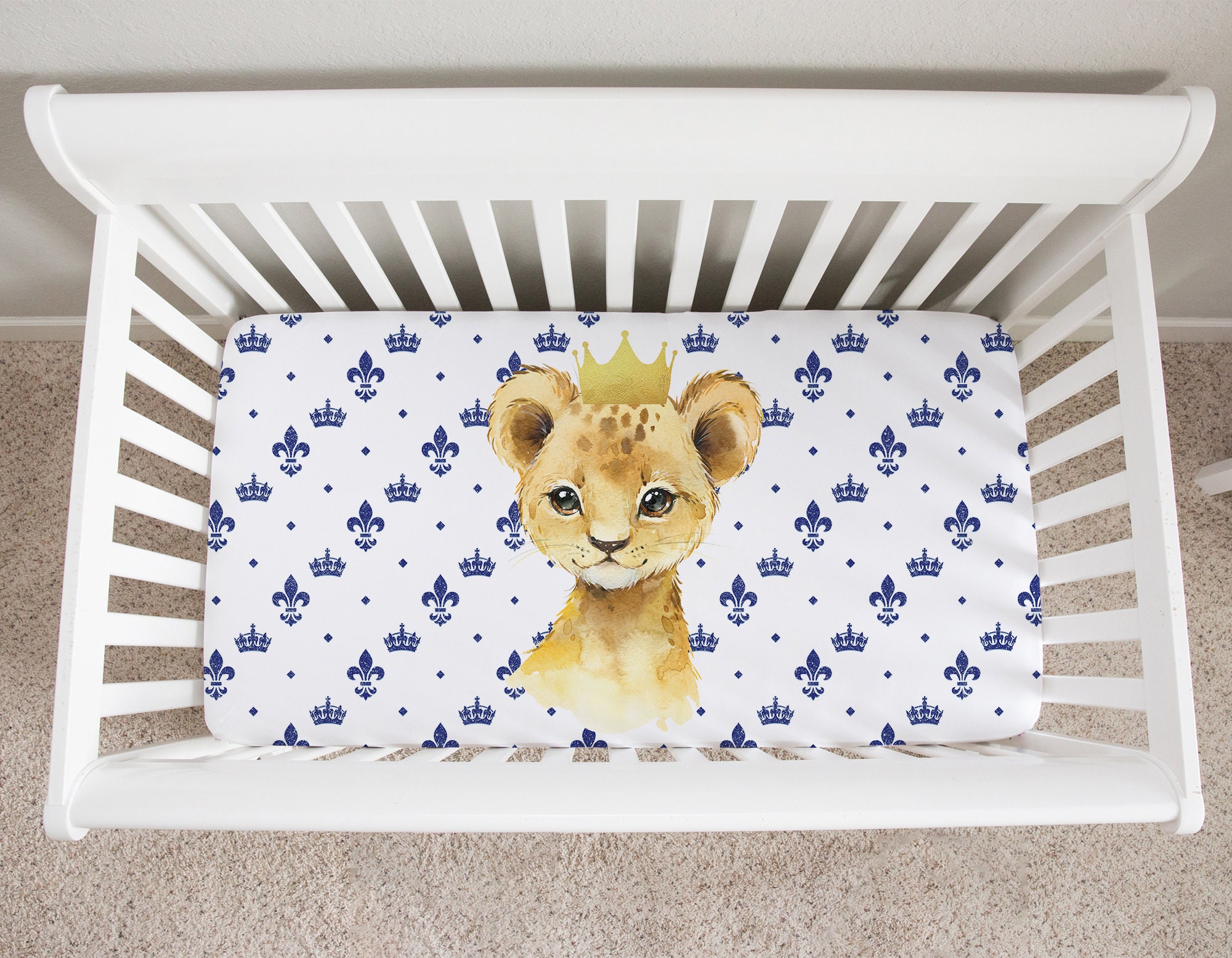 drap de lit lion, draps garçon, literie berceau crèche prince lion, bébé safari, lit bleu marine