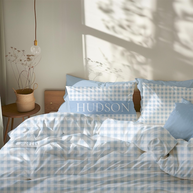 Personalized boy blue gingham bedding set with gingham duvet cover, comforter and gingham pillowcases