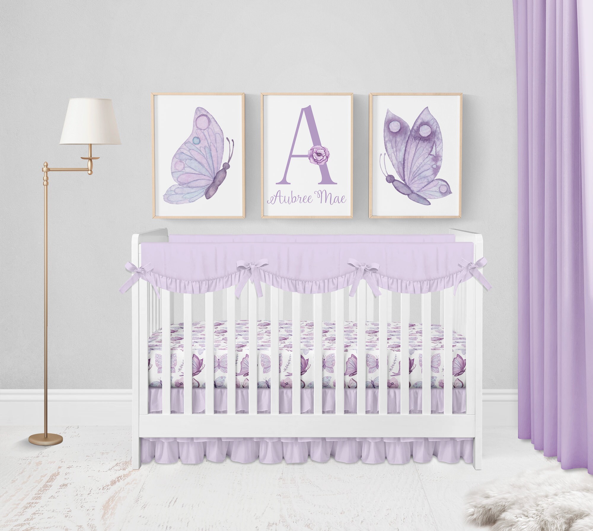 MINI Crib Set, Purple Butterfly Crib Bedding, Baby Girl Crib Bedding