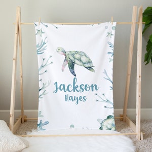 Personalized Sea Turtle Baby Blanket, Baby Name Blanket, Custom Baby Boy Blanket, Ocean Nursery, Sea Turtle Crib Bedding, Baby Shower Gift