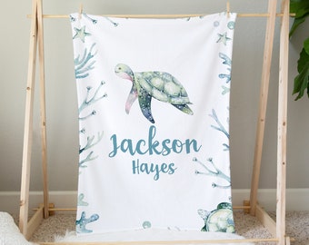 Personalized Sea Turtle Baby Blanket, Baby Name Blanket, Custom Baby Boy Blanket, Ocean Nursery, Sea Turtle Crib Bedding, Baby Shower Gift
