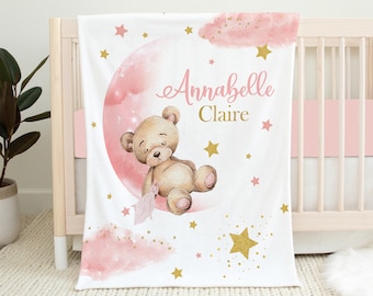 Manta de osito de peluche personalizada para bebé, manta para niña, guardería con luna y estrellas, regalo para baby shower, ropa de cama para cuna con osito de peluche, manta rosa para bebé