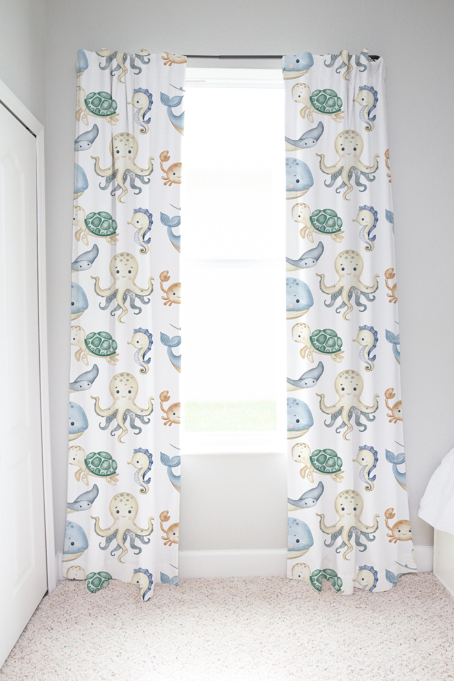 Ocean Animal Curtains, Baby Boy Nursery Window Curtains, Boy Nursery
