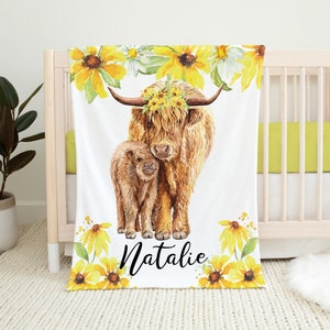 Personalized Baby Girl Blanket, Highland Cow Baby Blanket, Yellow Floral Baby Blanket, Baby Shower Gift, Cow Crib Bedding, Girl Crib Bedding