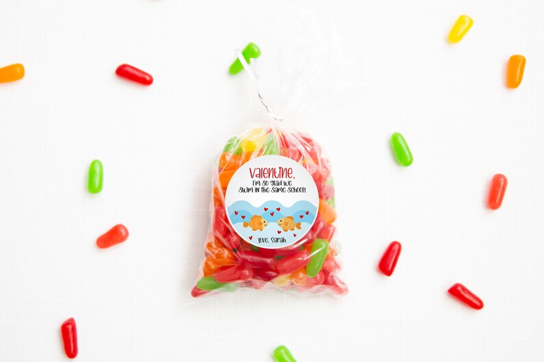 Goldfish Valentine's Day Favor Stickers, Kids Valentines For School, Kid Valentines Party Fish Treat Bag Labels, Goldfish Valentine Stickers image 2