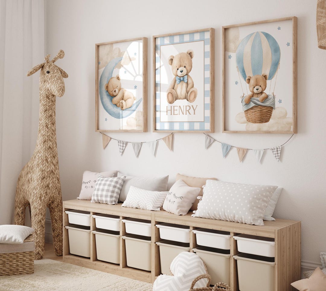 Personalized Teddy Bear Nursery Wall Art, Set of 3 Prints, Custom Baby ...