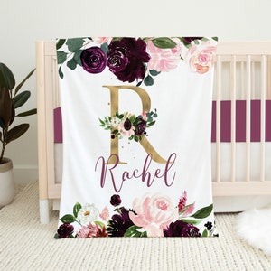 Personalized Floral Baby Blanket, Floral Monogram Blanket, Baby Girl Blanket, Baby Shower Gift, Pink, Burgundy, Mauve, Floral Crib Bedding