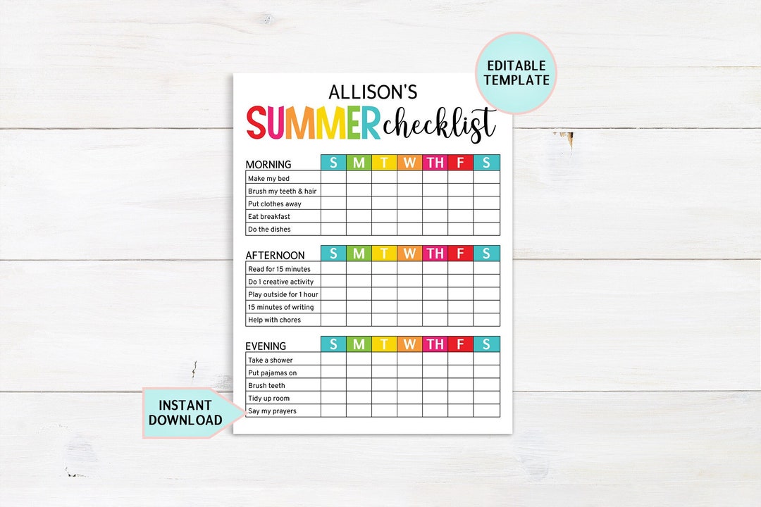 Editable Summer Daily Checklist for Kids, Daily Summer Routine, Kids ...