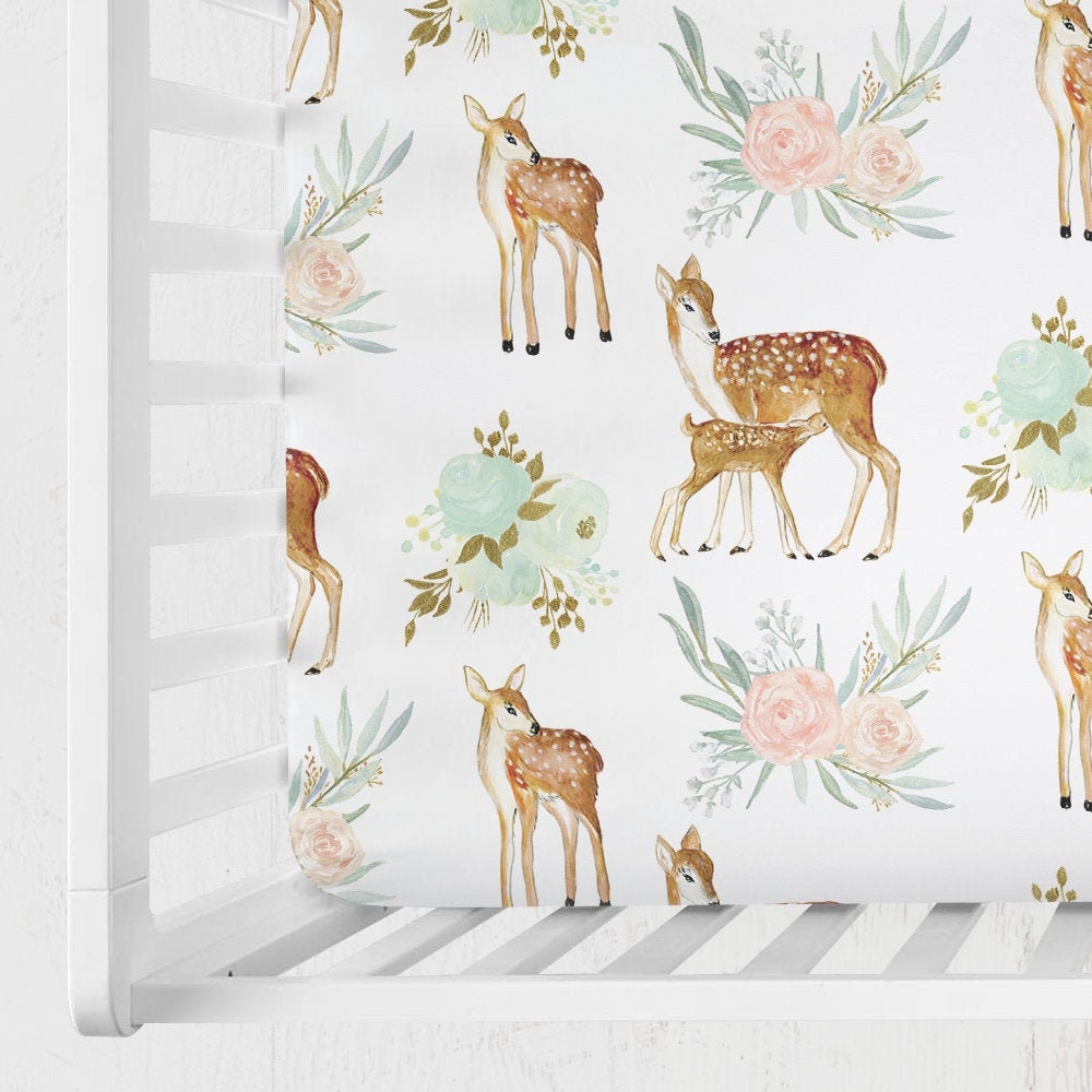 Deer Crib Sheet, Baby Girl Woodland Crib Sheet, Boho Crib Sheet, Baby Girl Deer Crib Bedding, Floral Crib Sheet, Woodland Nursery Girl