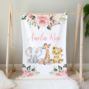 Personalized Safari Baby Blanket, Safari Animals, Pink Floral Baby Girl Blanket, Baby Shower Gift, Name Blanket, Safari Bedding, Elephant