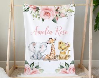Couverture personnalisée Safari pour bébé, Animaux de safari, Couverture florale rose pour bébé fille, Cadeau de baby shower, Couverture avec nom, Literie Safari, Éléphant
