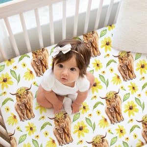 Highland Cow Crib Sheet, Crib Sheets Girl, Floral Crib Sheet, Highland Cow Crib Bedding, Floral Nursery, Baby Girl Crib Bedding, Yellow Crib