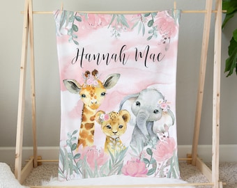 Couverture Safari Baby Blanket, Pink Floral Baby Girl Blanket, Baby Shower Gift, Safari Nursery, Safari Crib Bedding, Custom Name Blanket