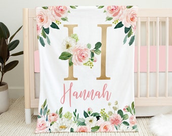 Personalized Floral Baby Blanket, Floral Monogram Baby Girl Blanket, Baby Name Blanket, Baby Shower Gift, Pink And Gold Floral Crib Bedding