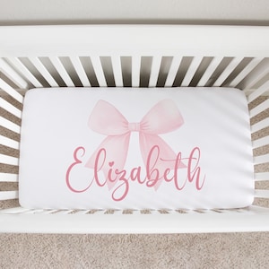 Pink Bow Crib Sheets Girl, Pink Bow Crib Bedding, Pink Crib Bedding, Mini Crib Sheet, Pink Bow Nursery, Baby Girl Bedding, Custom Crib Sheet