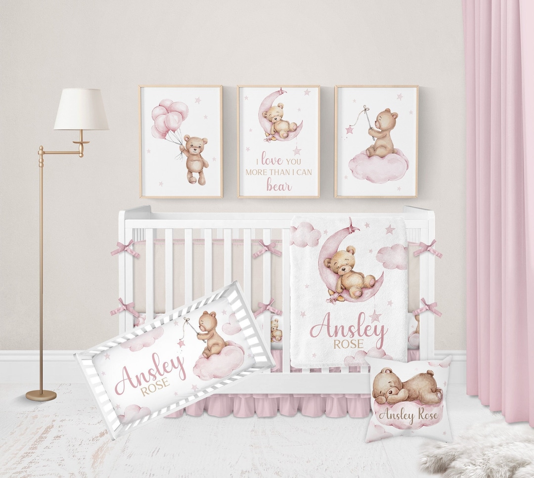 Teddy Bear Crib Bedding Set Girl, Baby Girl Bedding, Pink Teddy Bear