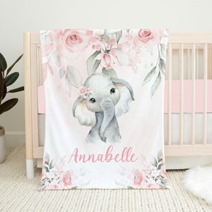 Personalized Elephant Baby Blanket, Pink Baby Girl Blanket, Floral Baby Blanket, Elephant Crib Bedding, Baby Name Blanket, Baby Shower Gift