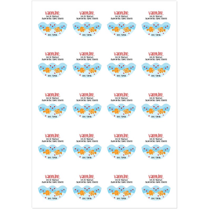 Goldfish Valentine's Day Favor Stickers, Kids Valentines For School, Kid Valentines Party Fish Treat Bag Labels, Goldfish Valentine Stickers image 3