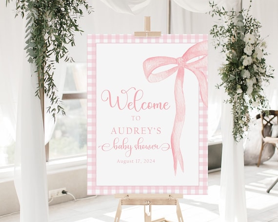 Pink Gingham Baby Shower Sign Girl, Pink Bow Baby Shower Welcome Sign Girl, Bow Baby Shower Poster Board, Baby Girl Baby Shower Decorations