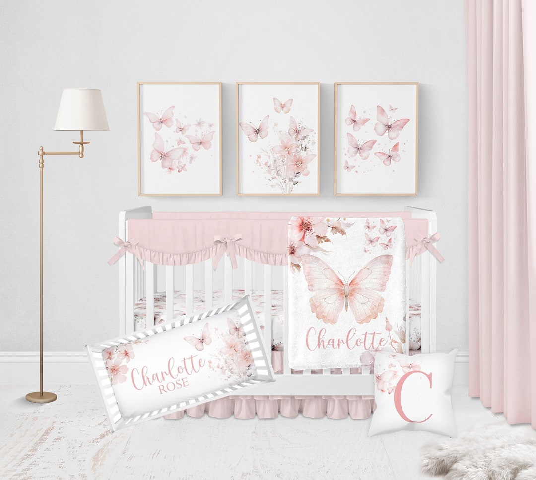 Baby Girl Crib Bedding Set, Pink Butterfly Crib Bedding Girl, Butterfly