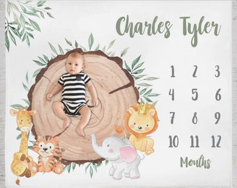 Safari Animals Baby Milestone Blanket, Personalized Milestone Blanket, Growth Tracker Baby Month Blanket, Baby Shower Gift, Baby Boy Blanket