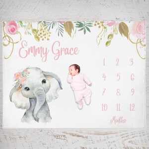 Gepersonaliseerde mijlpaaldeken baby met olifant, deken olifant maand, deken groeivolgorde, mijlpaaldeken meisje, kraamcadeau,