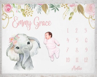 Manta personalizada con hitos para bebé con elefante, manta con elefante para el mes, manta de seguimiento del crecimiento, manta con hitos para niña, regalo para baby shower