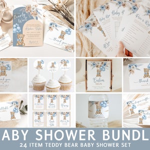 Editable Teddy Bear Baby Shower Invitation Bundle, Blue Boho Baby Shower Games, We Can Bearly Wait Baby Shower Decorations Printable, BTB1