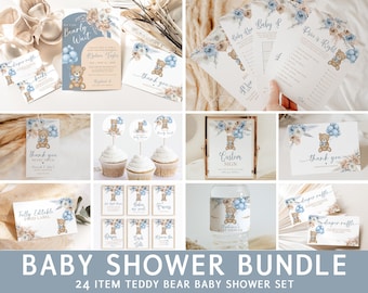 Puede incluir: Un paquete de baby shower con temática de osito de peluche. El conjunto incluye 24 artículos, como invitaciones, tarjetas de agradecimiento, adornos para cupcakes y tarjetas de juego. El diseño presenta un osito de peluche marrón que sostiene globos azules, con acentos florales de acuarela en tonos azules y beige.