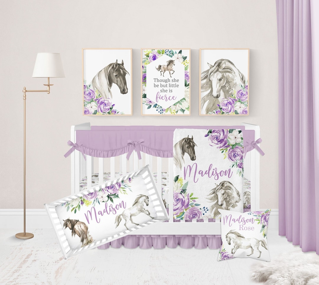 Horse Crib Bedding, Girl Crib Bedding Set, Purple Crib Bedding Set Girl