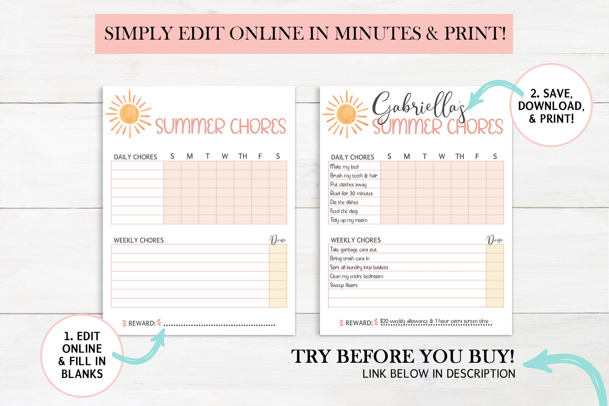 Summer Chore Chart for Kids, Editable Kids Chore Chart Printable, Daily ...