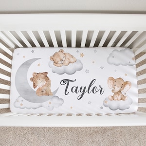 Personalized Crib Sheets, Moon Crib Sheet, Crib Sheets Boy, Gender Neutral Crib, Clouds Moon And Stars Crib Bedding, Neutral Nursery, Animal