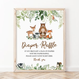 Letrero de rifa de pañales con temática de bosque, letrero de baby shower con temática de bosque para niño, letrero de animales del bosque para baby shower, letrero imprimible con juego de bosque para baby shower WS1