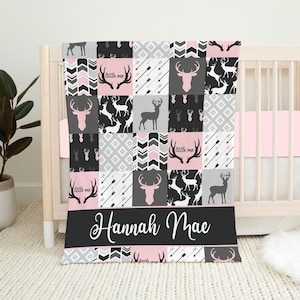 Personalized Woodland Baby Blanket, Baby Girl Blanket, Woodland Nursery, Baby Shower Gift, Baby Deer Blanket, Pink Woodland Crib Bedding