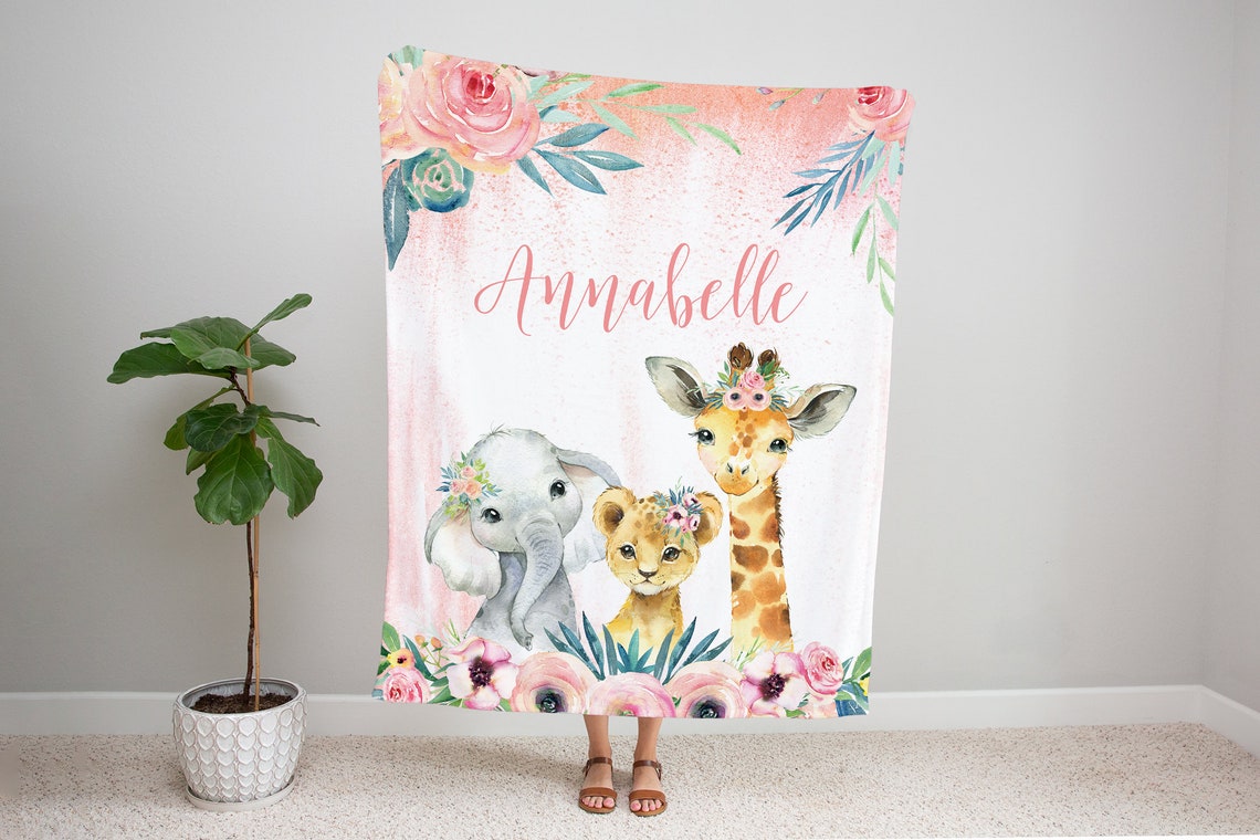 Floral Safari Animals Baby Girl Blanket, Personalized Girl Blanket ...