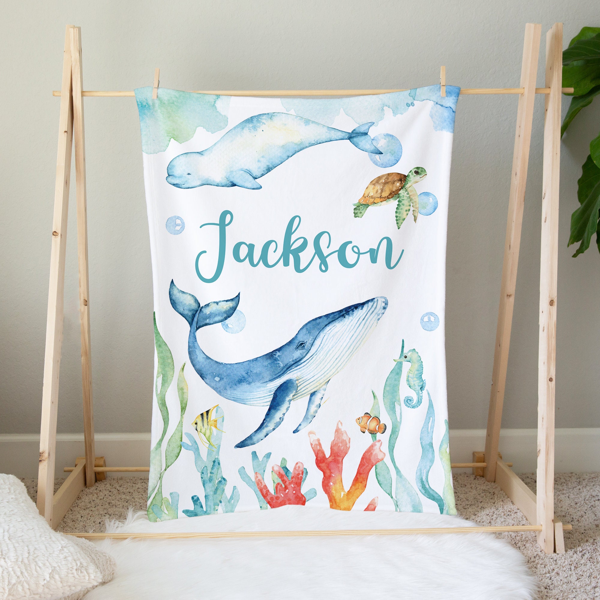 Whale Minky Baby Blanket, Personalized Whale Minky Crib Bedding
