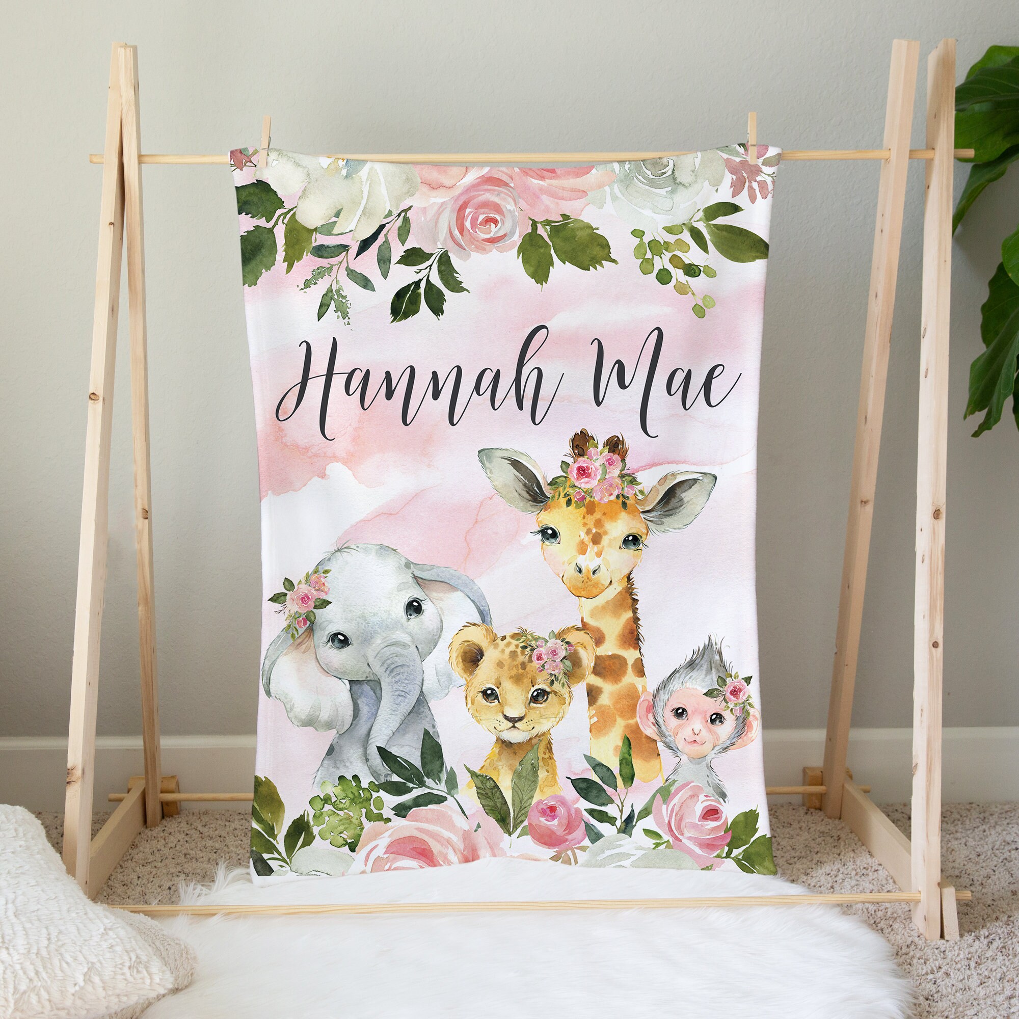 Safari Animals Floral Baby Girl Blanket, Personalized Girl Blanket ...