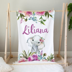 Floral Elephant Baby Blanket, Girl Baby Blanket, Baby Name Blanket, Baby Girl Blanket, Baby Girl Bedding, Personalized Baby Blanket Elephant