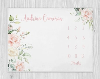 Coperta Milestone per bambina, coperta Milestone floreale rosa, regalo per baby shower, coperta per il mese del bambino, coperta personalizzata per bambini, coperta floreale per bambini