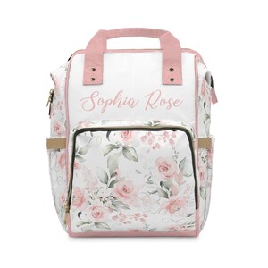 Custom Diaper Bag, Girl Diaper Bag Backpack, Baby Shower Gift, Pink Floral Diaper Bag Multiuse Backpack, Personalized Baby Bag, New Mom Gift image 3