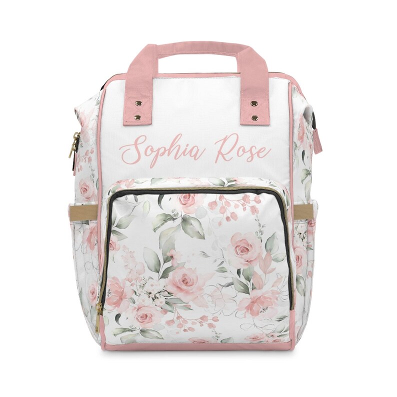 Custom Diaper Bag, Girl Diaper Bag Backpack, Baby Shower Gift, Pink Floral Diaper Bag Multiuse Backpack, Personalized Baby Bag, New Mom Gift image 3