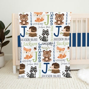 Personalized Woodland Animals Baby Name Blanket, Custom Boy Name Blanket, Baby Boy Blanket, Baby Shower Gift, Newborn Boy Custom Name Gift