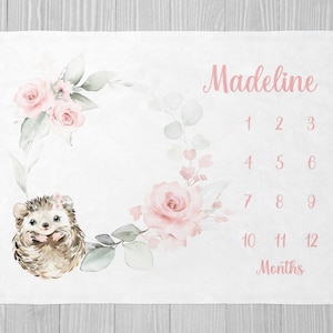 Hedgehog Milestone Blanket, Girl Milestone Blanket Baby Shower Gift, Floral Milestone Personalized Baby Girl Blanket Woodland Monthly Growth