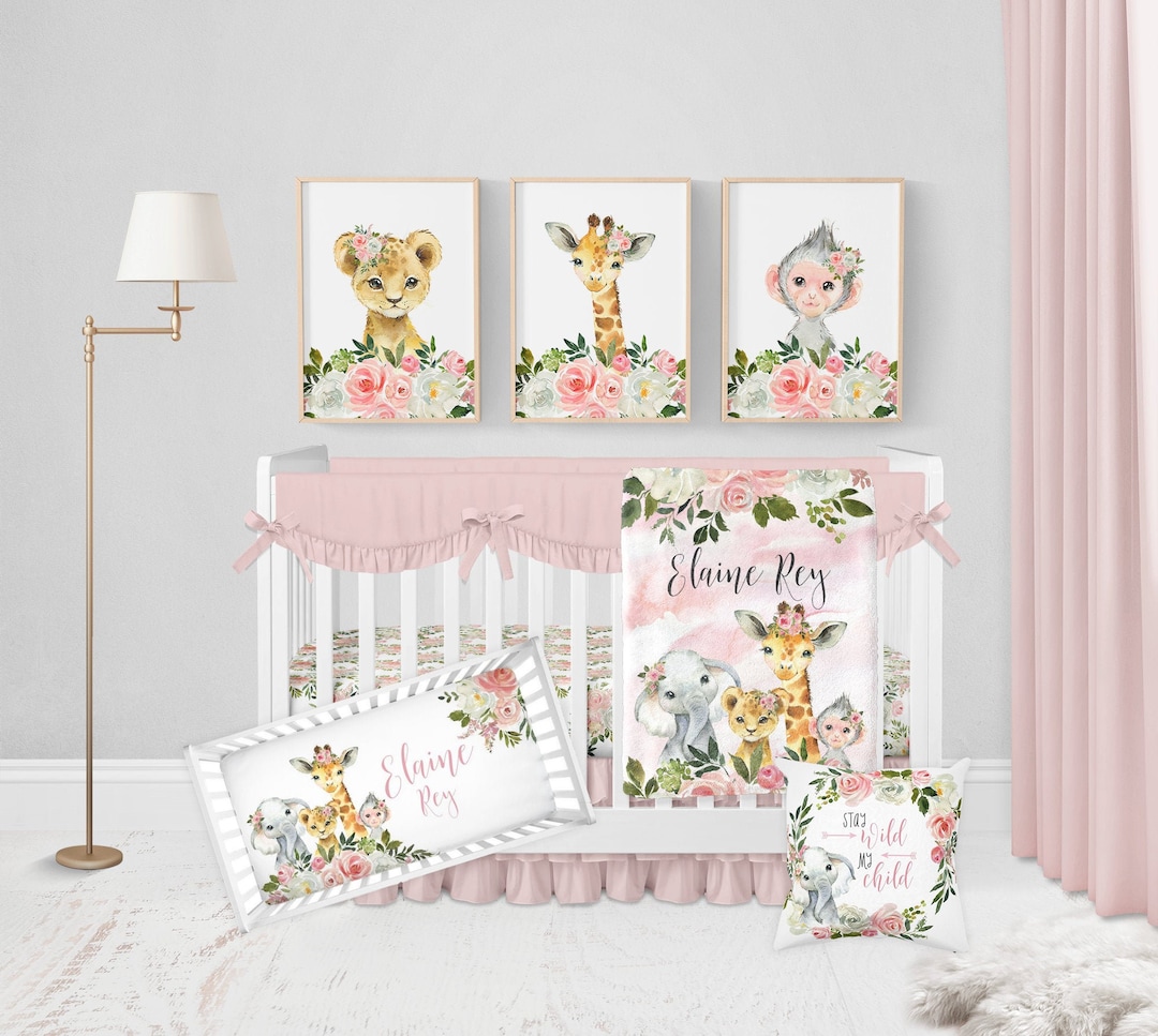 Safari Crib Bedding Set, Baby Girl Crib Bedding Set, Safari Nursery, Pink Floral Crib Bedding