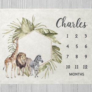 Safari Milestone Blanket, Baby Boy Monthly Milestone Blanket, Personalized Baby Blanket, Safari Animal Milestone Blanket, Baby Shower Gift